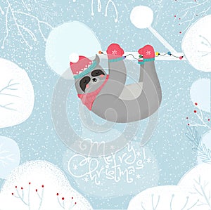 Merry Christmas Greeting Card with Sloth on Tree