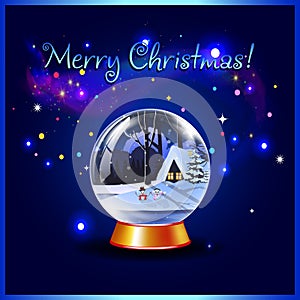 Merry christmas greeting card of snow crystal globe with winter night and magic sparkling