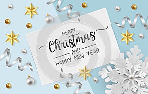 Merry christmas greeting card with snowflake, white and gold balls and gold star on light blue background. Vector illustration