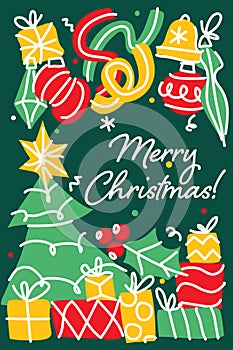 Merry Christmas greeting card with stylish hand drawn elements like Christmas tree, gift and Christmas ball. Elegant vector