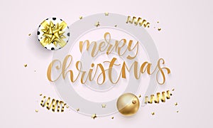 Merry Christmas greeting card template background of golden glitter confetti, gift box with gold ribbon bow. Vector festive glitte