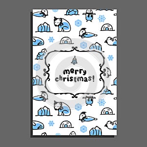 Merry christmas greeting card template with cute cartoon polar bear