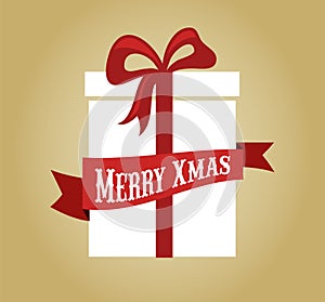 Merry Christmas greeting card template with a gift box and ribbons