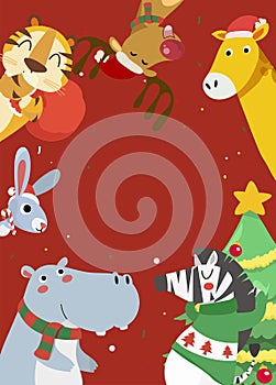 Merry Christmas greeting card with Tiger, rabbit, hippopotamus, giraffe and zebra. Animals of the christmas, frame.