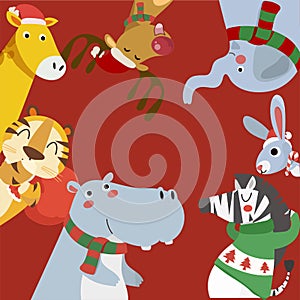 Merry Christmas greeting card with Tiger, rabbit, hippopotamus, giraffe and zebra.  Animals of the christmas, frame.