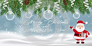 Merry Christmas. Greeting card with tree branches, santa claus, christmas toys and pine cones on white background. Text in white