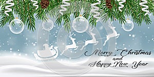 Merry Christmas. Greeting card with tree branches, santa claus, christmas toys and pine cones on white background. Text in white