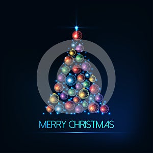 Merry Christmas greeting card with Christmas tree made of glowing colorful baubles and lights.