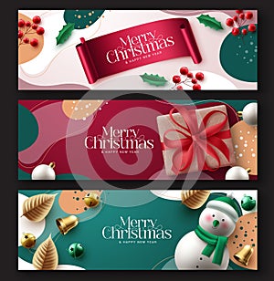 Merry christmas greeting card vector banner set. Christmas and happy new year text gift tags collection