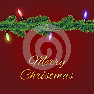 Merry Christmas greeting card vector with coniferous tree branch on red background decorated with colorful lights