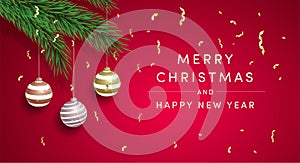 Merry christmas greeting card vector template. Happy new year postcard, xmas banner layout. Festive decorations hanging