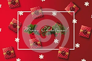 Merry Christmas greeting card with white frame. Holiday card with gifts and snowflakes pattern