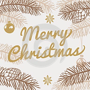 Merry christmas greeting card. Winter holiday vector background with hand drawn fir tree