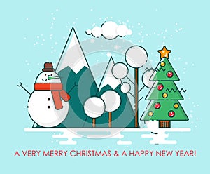 Merry Christmas greeting card winter landscape. Happy New year wishes. Poster in flat line modern style.