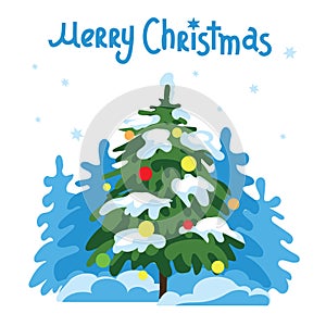 Merry Christmas greeting card with xmas fir trees, Happy New Year celebration, holiday party invitation, vector