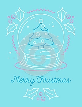 Merry Christmas Greeting Card with Xmas Symbol Crystal Globe with Fir Tree and Snow inside. Winter Festive Season
