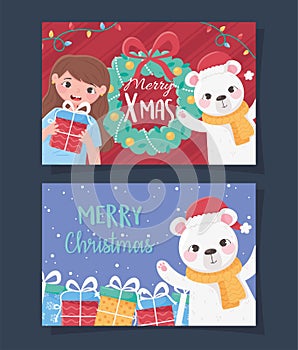 Merry christmas greeting cards with girl bear gits and wreath decoration