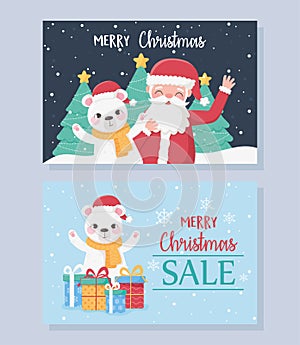 Merry christmas greeting cards with santa bear gits and trees