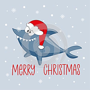 Merry Christmas - greeting with cute shark in santa hat and snowflakes.
