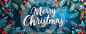 Merry Christmas greeting in elegant white script over a lush green pine tree background, symbolizing winter holidays and