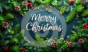 Merry Christmas greeting in elegant white script over a lush green pine tree background, symbolizing winter holidays and