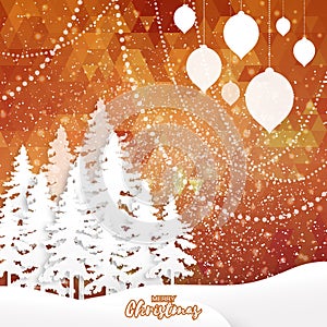 Merry Christmas Greeting. Origami Xmas Tree, landscape and polygonal background