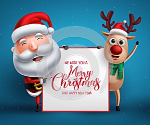 Merry christmas greeting template with santa claus and reindeer vector characters