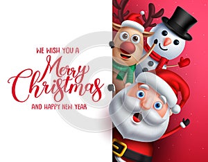 Merry christmas greeting template with santa claus, snowman and reindeer