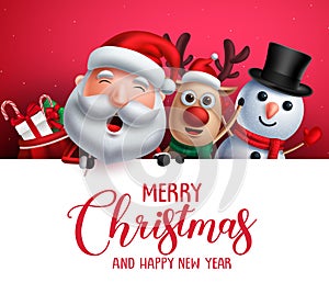 Merry christmas greeting template with santa claus, snowman and reindeer vector characters photo