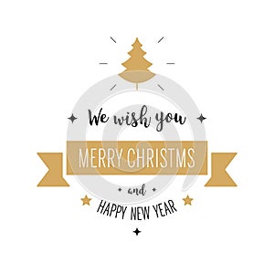 Merry christmas greeting text banner ornaments tree gold white background