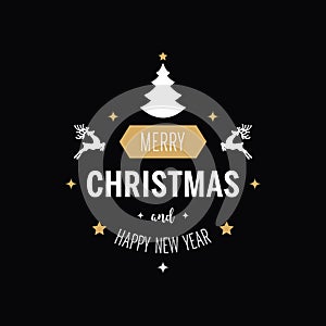 Merry christmas greeting text ornaments golden white black background