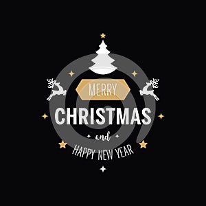 Merry christmas greeting text ornaments golden white black background