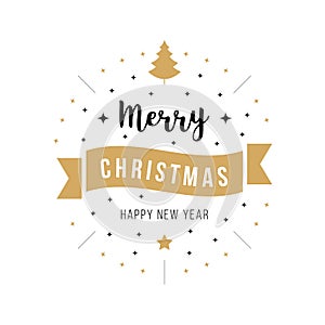Merry christmas greeting text ornaments tree gold white background