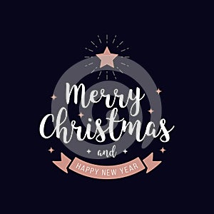 Merry christmas greeting text rosegold blue background