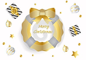 Merry Christmas greeting text in white background. Using gold fir tree with ribbon bow, gift box, star and silver ball