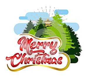 Merry Christmas Greeting typography with pine trees