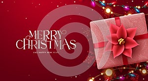 Merry christmas greeting vector design. Christmas greeting card in red elegant background with pattern gift box