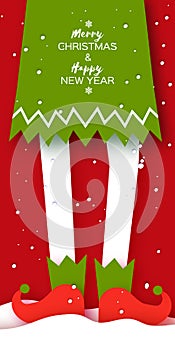 Merry Christmas Greetings Banner with Elf. Cute gnome costume. Christmas tree. Happy New Year in papercraft style. Red