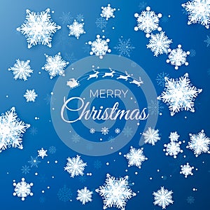 Merry Christmas greetings card. Origami snowfall. White paper cut snow flake. Happy New Year. Space for text photo