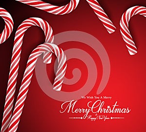 Merry Christmas Greetings Card with Realistic Candy Cane