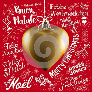 Merry Christmas greetings card from world in different languages