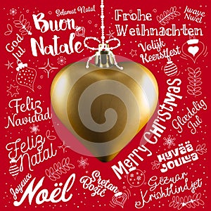 Merry Christmas greetings card from world in different languages photo