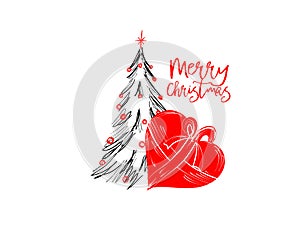 Merry Christmas greetings cards hand drawn with black and red ink pens for loving holidays
