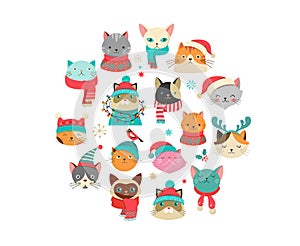 Merry Christmas greetings with cute cats characters, vector collectionn
