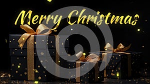 Merry christmas greetings with golden text on Black and gold gift boxes on black background.
