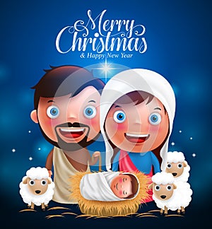 Merry Christmas greetings with jesus born in manger, belen with joseph and mary photo