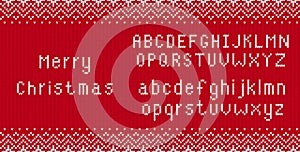 Merry christmas greetings on knitted textured background with alphabet. Knit geometric ornament in scandinavian style