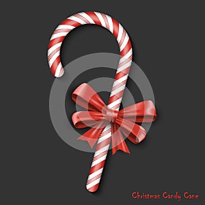 Merry Christmas Greetings in Realistic 3D Red Candy Cane on Black Background. Vector Celebrations Illustration