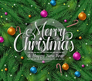 Merry christmas greetings title in a green pine leaves background