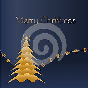 Merry Christmas greetings with tree in navy blue and gold